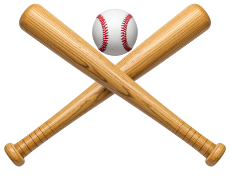 l - Front View of Crossed Baseball Bats and Ball, isolated on transparent background.