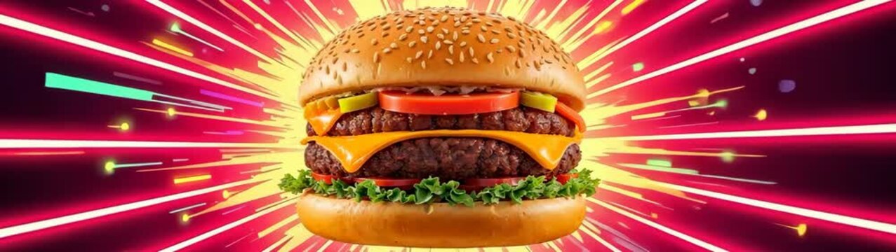 Explosive burger hero shot, max flavor, dynamic fast food ad concept.