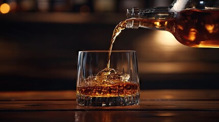 Elegant amber liquid poured into a crystal glass with ice on a rustic wooden bar top in a cozy, dimly lit ambiance creating a soothing atmosphere