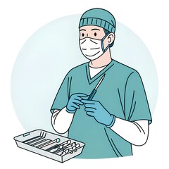 Surgeon preparing surgical instruments in a clean outline style.