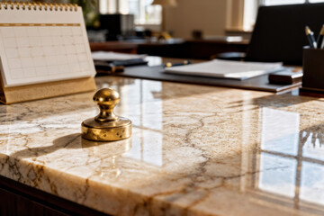 A gold stamp sits on a marble desk next to a calendar in an office setting with natural light coming in
