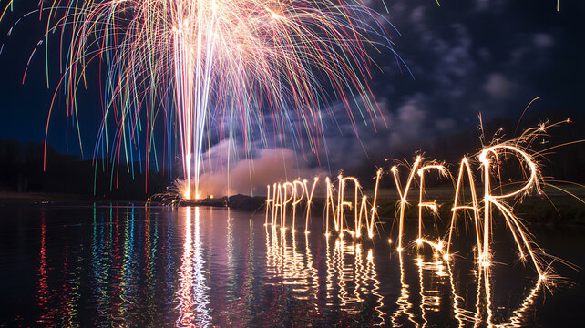 Fireworks Over Water with “HAPPY NEW YEAR” Sparkler Writing Celebrating Chinese New Year Excitement and Reflection