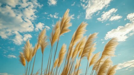 Soft Golden Pampas Grass Silhouetted Against Bright Blue Sky with Beautiful Clouds in Daylight for Nature and Landscape Photography