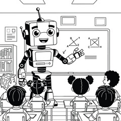 Monochrome vector illustration of an anthropomorphic robot teacher instructing geometry lessons to young students in a primary school classroom.