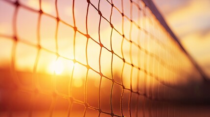 Close-Up View of a Sports Net During Sunset with Glowing Light and Beautiful Colors Creating a Serene Atmosphere for Athletic Activities