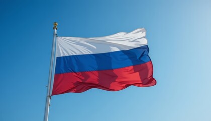 Vibrant Russian flag waving against a clear blue sky, sunlight brightening the fabric, patriotic, national symbol imagery with strong color contrast and motion.
