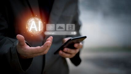 Businessman interacting with AI prompt interface, symbolizing generative artificial intelligence, prompt engineering, content creation by AI, machine learning tools, and digital automation future.