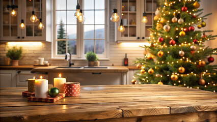 Festive kitchen backdrop with empty wooden table in foreground, Christmas tree and twinkling lights creating a warm, cozy atmosphere for holiday cooking and gatherings
