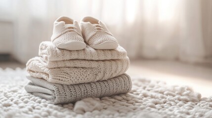Cozy and Soft Baby Shoes Placed on Stack of Warm Knitted Sweaters in Bright and Inviting Indoor Space with Natural Light Filtering Through Curtains