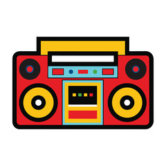 Vintage boom box stereo with speakers and cassett.  set of retro music icons