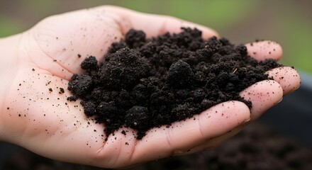 Hand holding rich dark soil close up
