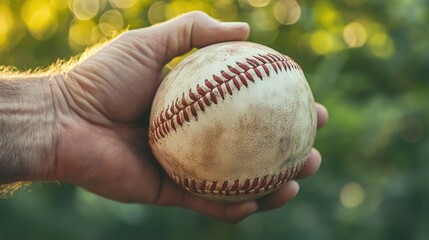 Hand Grasping Vintage Baseball with Natural Bokeh Background Showcasing the Sport's Classic Appeal and Nostalgic Vibe in a Green Setting
