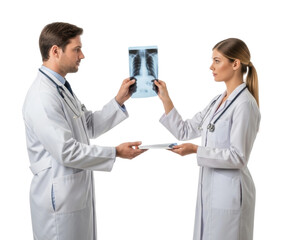 Clinical analysis of chest x-rays by two medical professionals isolated on transparent background