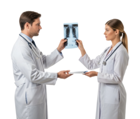 Clinical analysis of chest x-rays by two medical professionals isolated on transparent background