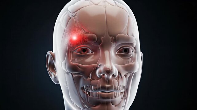 3D Animation of Human Head with Highlighted Pain Point in the Forehead Region.