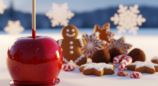 Festive winter holiday scene: glossy red candy apple on a stick surrounded by gingerbread cookies, snowflakes, candy canes and truffles on fresh snow, soft blue twilight and falling snowflakes