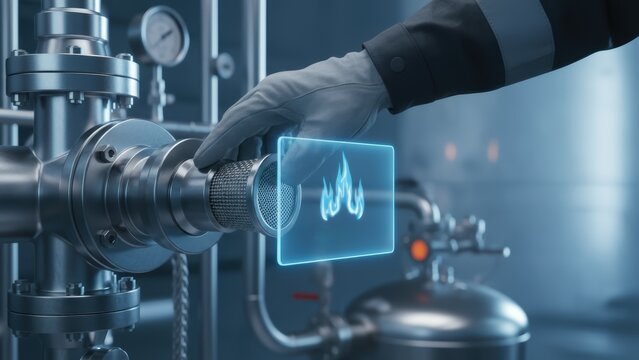 Hydrogen Fuel Future Energy Futuristic technology with a hand interacting with a digital interface on industrial equipment.