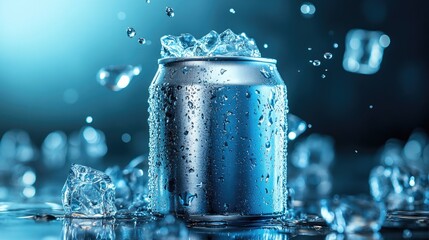 Refreshing Cold Beverage Can Surrounded by Ice Cubes with Droplets on a Wet Surface, Perfect for Summer or Party Themes, Close-Up Photography