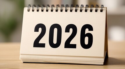 Elegant white desktop calendar with black '2026' numbers in the center, perfect for professional advertising materials as well as personal or business use for future event themes.