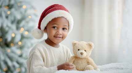 African boy wearing a fluffy red Santa hat is smiling while holding a teddy bear, surrounded by a festive atmosphere with a decorated Christmas tree and soft lighting