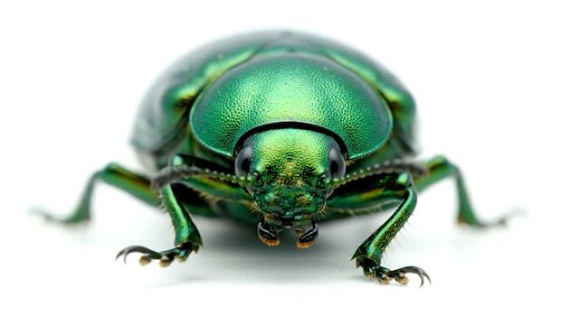 A close-up of a brilliant, emerald-green beetle with iridescent, textured shell on white