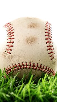 Close-up of a well-worn baseball on vibrant green grass with red stitching