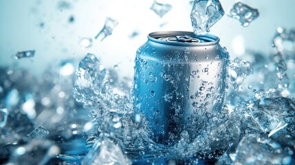 Close-Up of a Silver Soda Can Surrounded by Splashing Water and Ice Cubes for Refreshing Beverage Concept and Summer Vibes