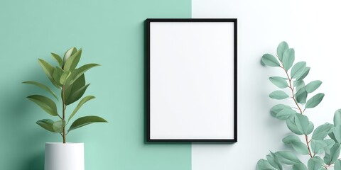 Mockup frame poster template with green and white color palette closeup view for wall decoration stylish interior design concept