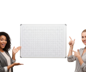 Women presenting ideas on whiteboard in office collaboration isolated on transparent background