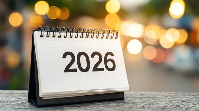 Elegant white desktop calendar with black '2026' numbers in the center, perfect for professional advertising materials as well as personal or business use for future event themes.