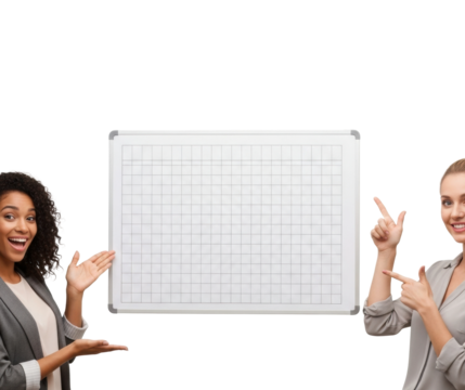 Women presenting ideas on whiteboard in office collaboration isolated on transparent background