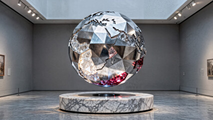 A diamond globe sculpture on a marble pedestal in a museum with paintings on the wall behind it