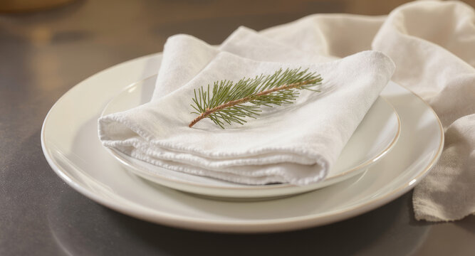 Elegant table setting with pristine white linen napkin and festive pine sprig for holiday cheer, a modern minimalist design ideal for winter celebrations
