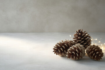 collection of pine cones beautifully arranged on smooth table surface surrounded by ultrabright ar sparkles