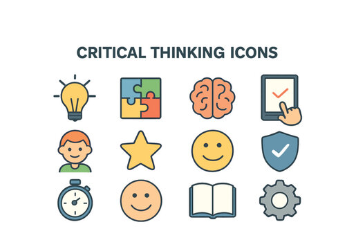 Vector Set of critical thinking icons featuring brain, puzzle, light bulb, stopwatch, and more