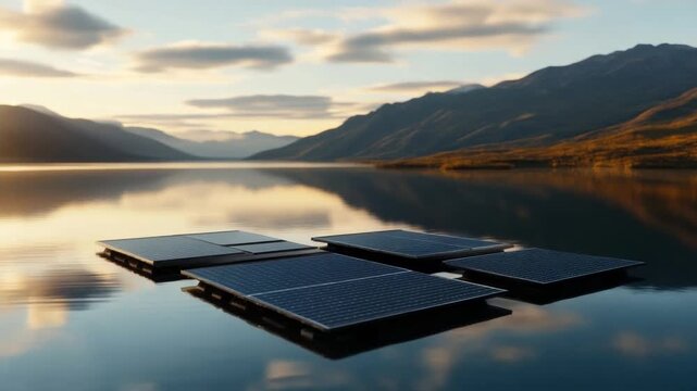 Floating Solar Panels on Lake: A tranquil lake scene where solar panels are elegantly arranged, harnessing the sun's energy, reflecting the majestic mountains in the distance.