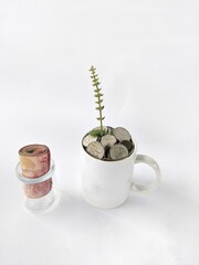 The image shows two objects placed on a clean white background. On the left, there is a small transparent glass container holding a rolled banknote