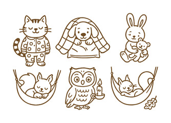 Vector Cute cartoon animals in pajamas with blankets and cozy accessories