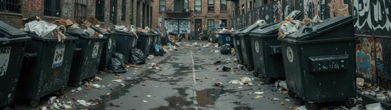 Garbage cans line a wet alleyway in an urban area filled with trash.