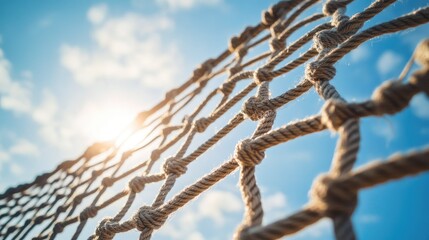 Close-Up View of a Rope Net Against a Sky Filled with Fluffy Clouds and Sunlight Illuminating the Scene Creating a Calming Ambiance