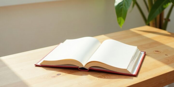 An open book rests on a sunlit wooden table near a potted plant, inviting quiet contemplation and the promise of untold stories within its pages.