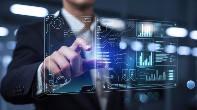 Businessman interacting with futuristic digital interface displaying data and analytics - Powered by Adobe