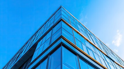 Modern Office Building with Glass Facade and Blue Sky, Architectural Design in Urban Environment, Contemporary Commercial Structure, Low Angle View