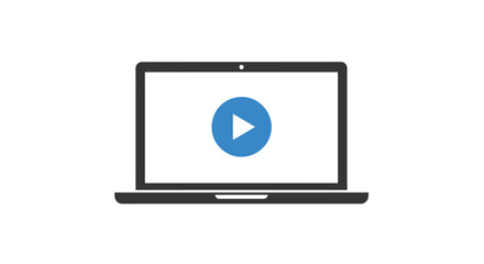 Modern laptop computer displaying a blue play button icon on its screen for video playback