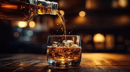 Pouring amber liquid into a glass filled with ice showcasing the warmth and richness of a fine whiskey against a softly blurred bar background