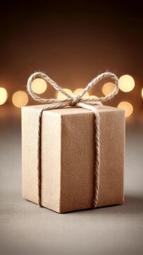Natural gift box wrapped with twine bow and warm bokeh,vertical video