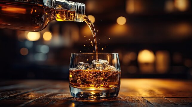 Pouring amber liquid into a glass filled with ice showcasing the warmth and richness of a fine whiskey against a softly blurred bar background