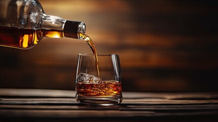 Pouring amber liquid into a glass with ice on a wooden table, showcasing the rich color and texture of whiskey or bourbon lighting on blurred background