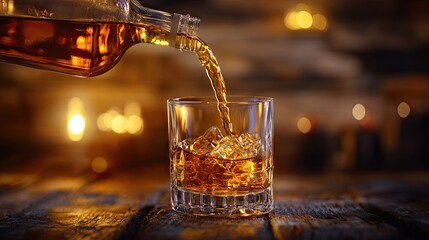 Pouring amber liquid into a glass with ice, warm ambiance created by glowing lights and wooden surface, perfect for cozy gatherings or classy events