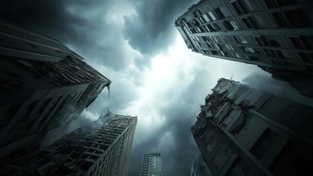 Apocalyptic Skyscraper Vista: An awe-inspiring low-angle shot captures the ruins of skyscrapers against a turbulent, overcast sky, highlighting the aftermath of destruction and despair.